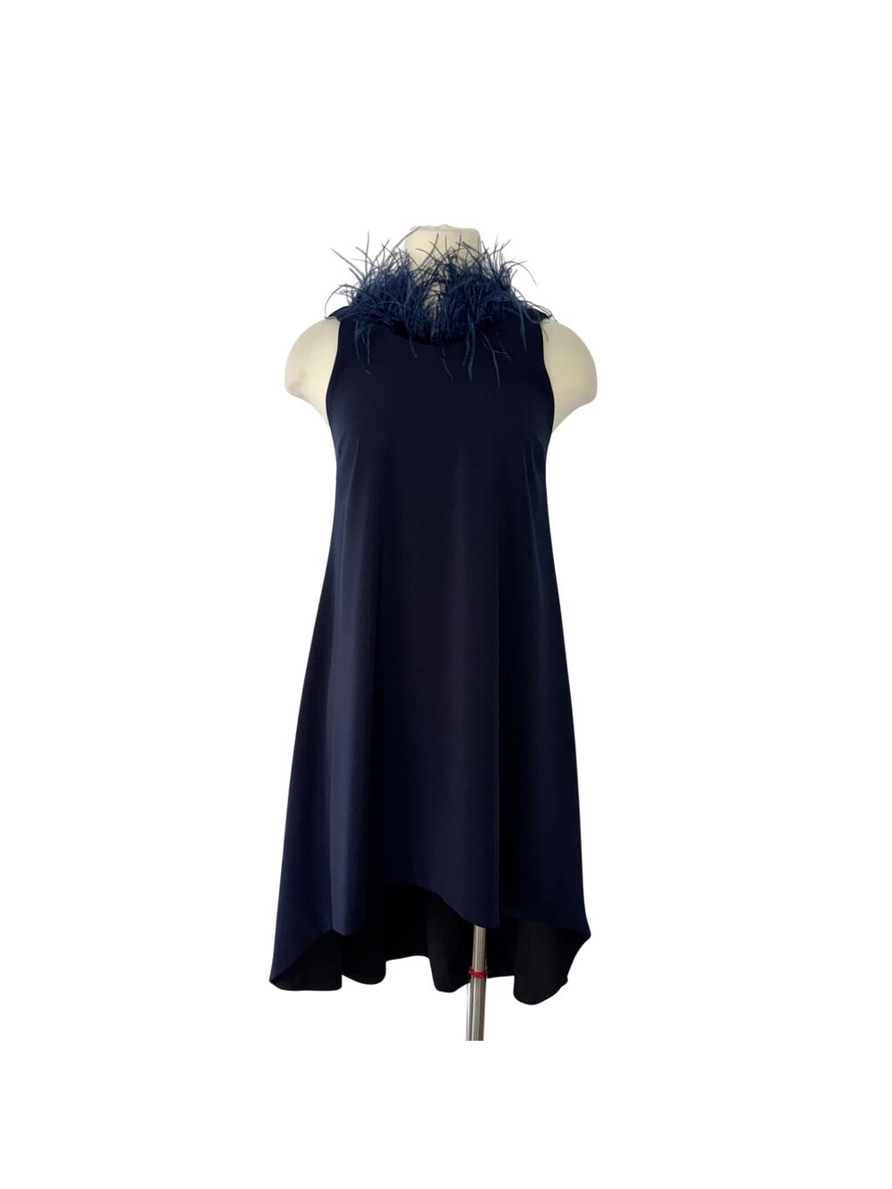 Camilyn Beth Feather Trim Crepe A-Line Shift Dress High-Low Hem Navy Blue 2